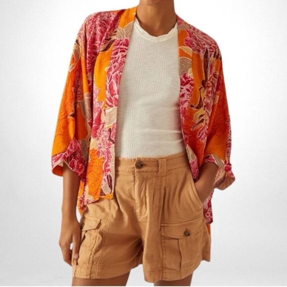 Anthropologie Bl^nk London Mixed Floral Kimono Jacket in Pink Combo | One Size - Picture 1 of 7